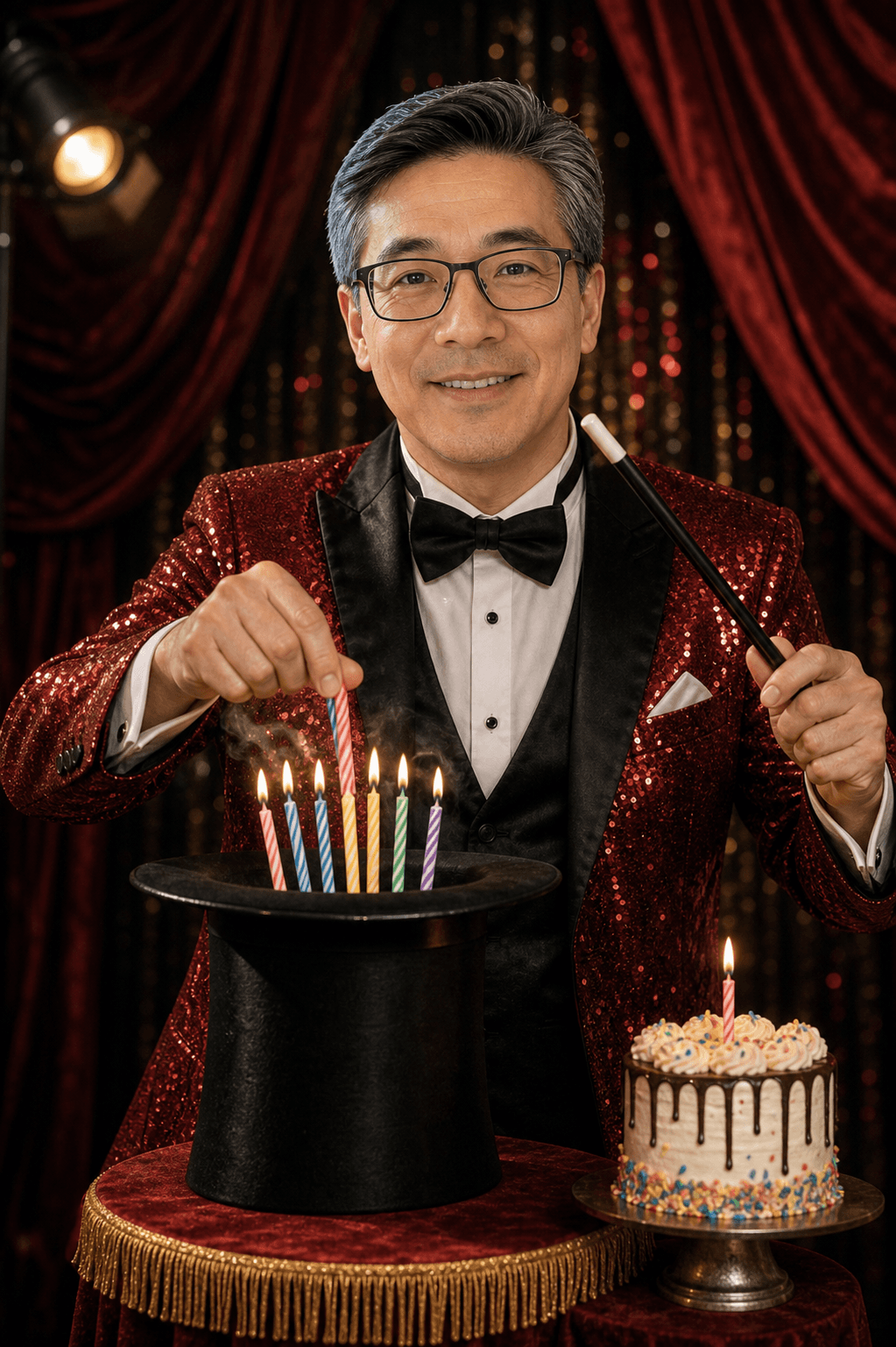 AI-generated Vegas magician birthday card cover