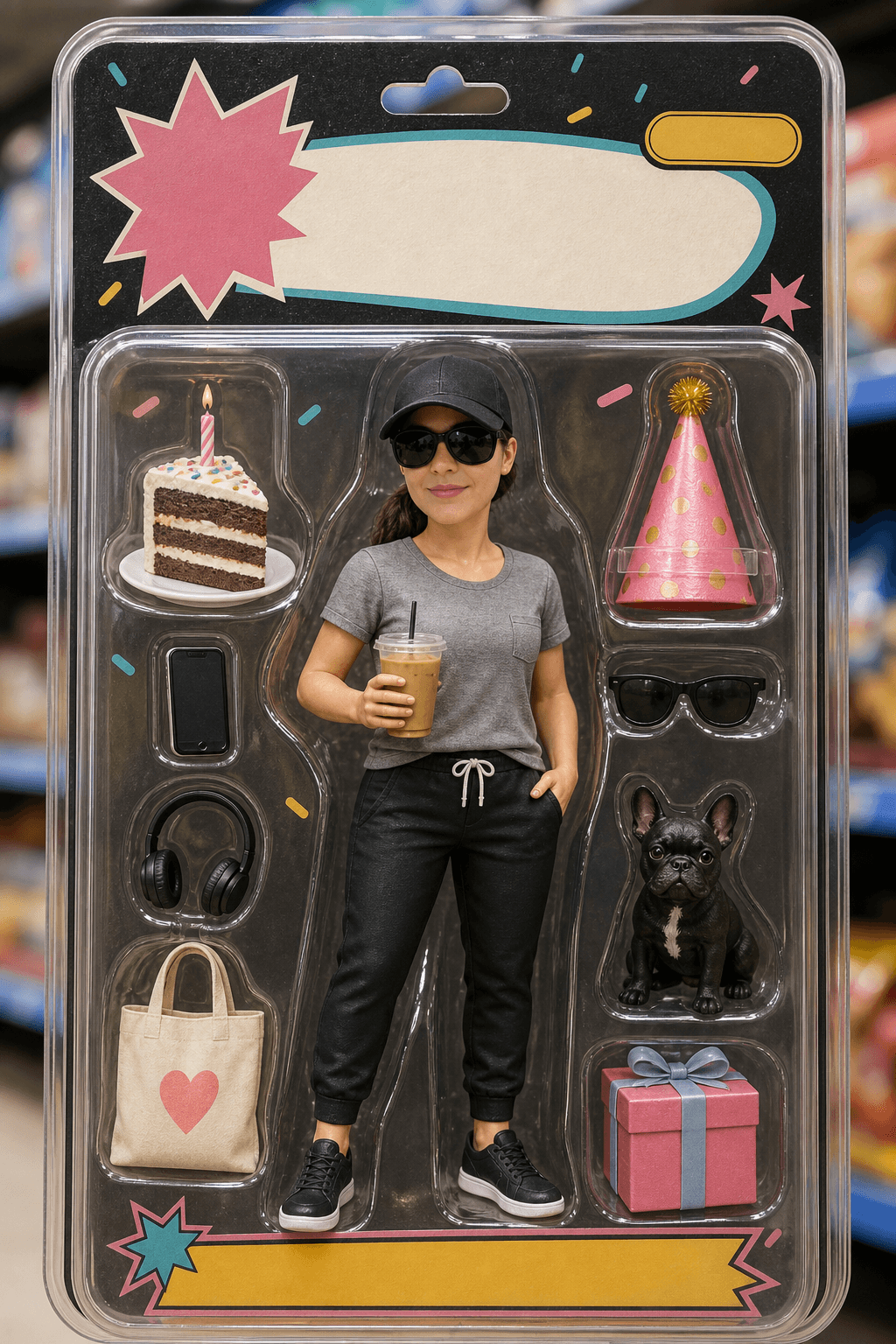 Birthday card cover with an inserted face on a collectible action figure package