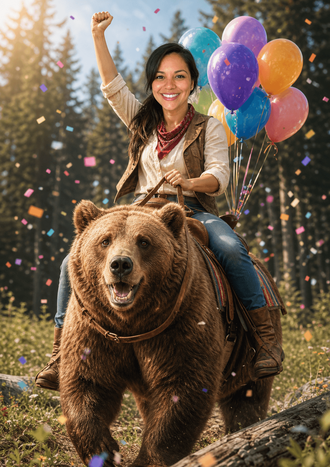 AI-generated birthday card cover with the uploaded face inserted onto a heroic bear rider in a sunlit forest